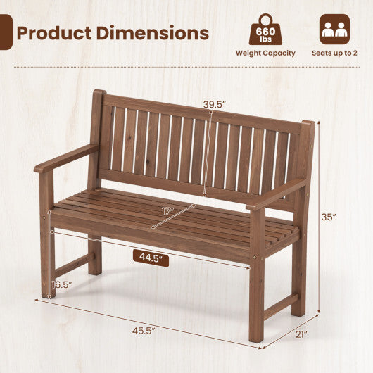 2-Seater Outdoor Wooden Bench with Backrest and Armrests-Brown W2B