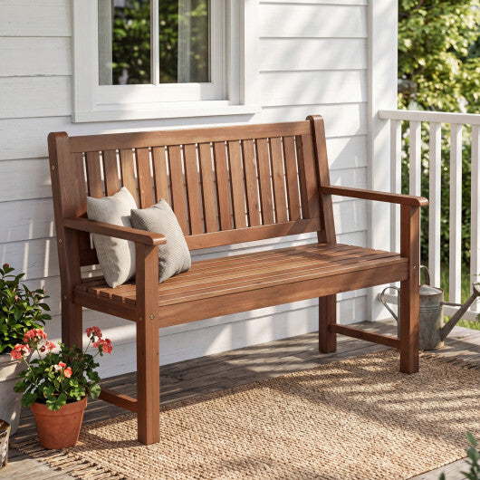 2-Seater Outdoor Wooden Bench with Backrest and Armrests-Brown W2B