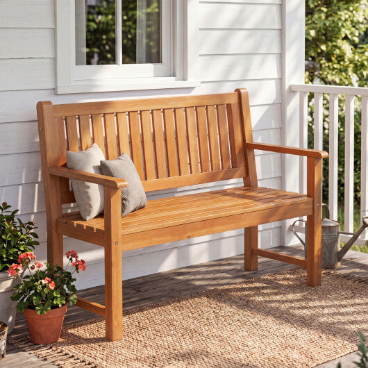 2-Seater Outdoor Wooden Bench with Backrest and Armrests-Brown W2B