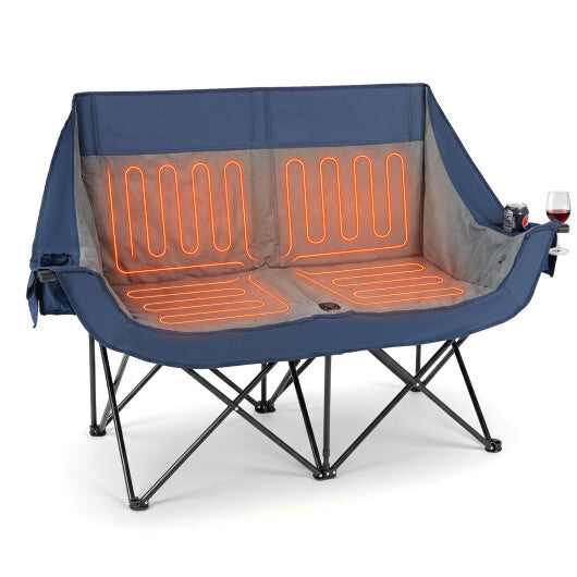 Heated Double Camping Chair with 4 Heating Zones and Wine Glass Holders-Navy W2B