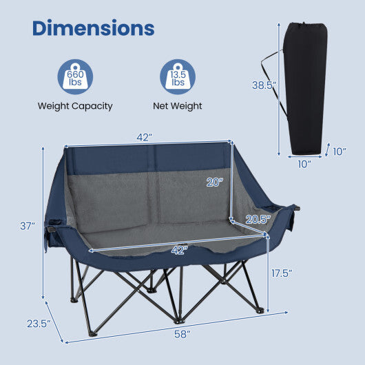 Heated Double Camping Chair with 4 Heating Zones and Wine Glass Holders-Navy W2B