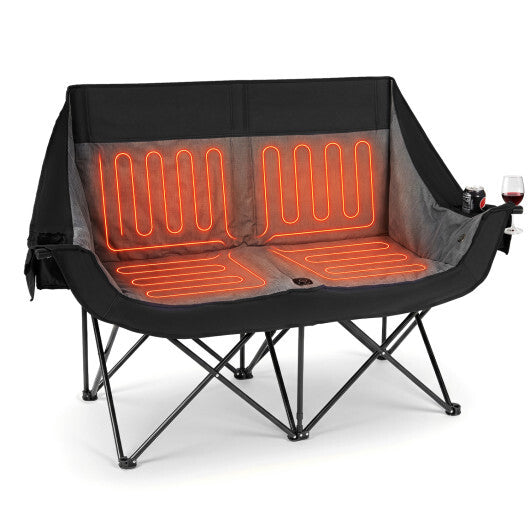 Heated Double Camping Chair with 4 Heating Zones and Wine Glass Holders-Navy W2B