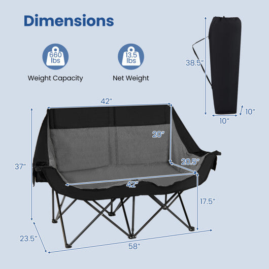 Heated Double Camping Chair with 4 Heating Zones and Wine Glass Holders-Navy W2B