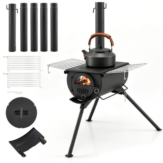 Hot Tent Stove with Chimney Pipes and Foldable Legs for Outdoor Heating-Black W2B