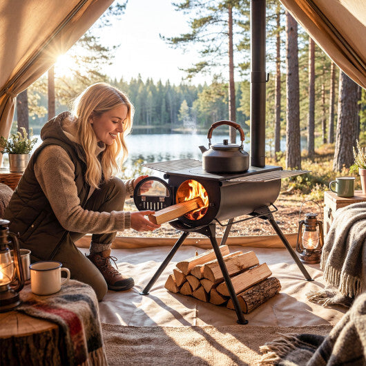Hot Tent Stove with Chimney Pipes and Foldable Legs for Outdoor Heating-Black W2B