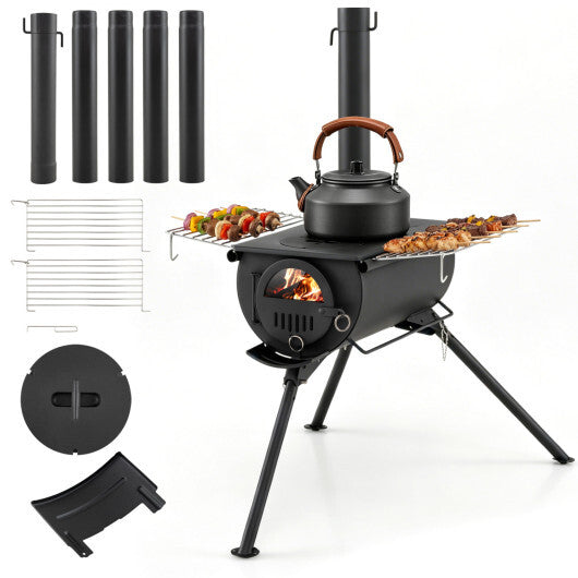 Hot Tent Stove with Chimney Pipes and Foldable Legs for Outdoor Heating-Black W2B