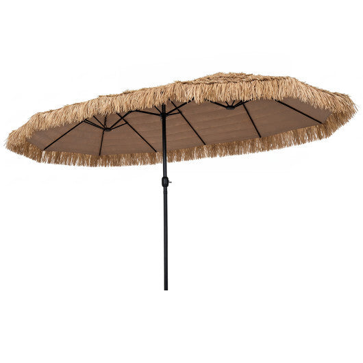 15 x 9 FT Double-sided Thatched Tiki Patio Umbrella with Crank Handle and 12 Sturdy Ribs-Brown W2B
