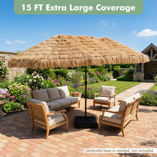 15 x 9 FT Double-sided Thatched Tiki Patio Umbrella with Crank Handle and 12 Sturdy Ribs-Brown W2B
