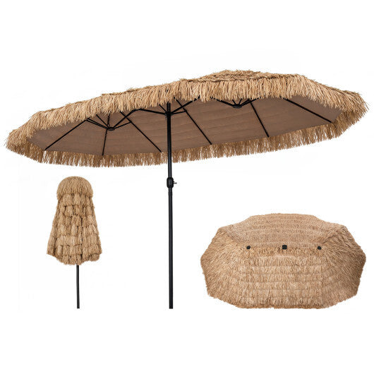 15 x 9 FT Double-sided Thatched Tiki Patio Umbrella with Crank Handle and 12 Sturdy Ribs-Brown W2B