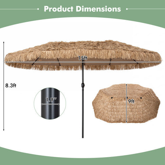 15 x 9 FT Double-sided Thatched Tiki Patio Umbrella with Crank Handle and 12 Sturdy Ribs-Brown W2B