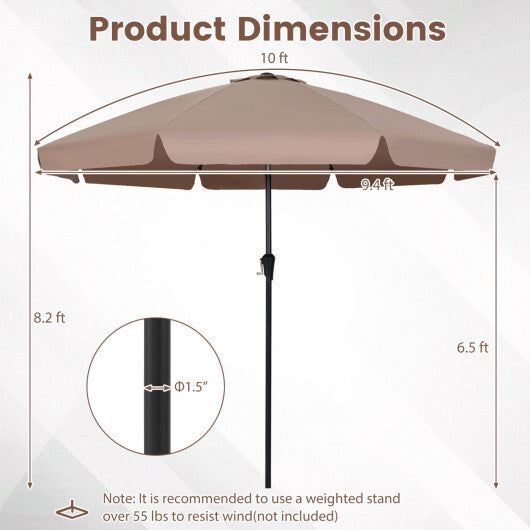 10 FT Scalloped Patio Umbrella with Push Button Tilt and 8 Fiberglass Ribs-Brown W2B