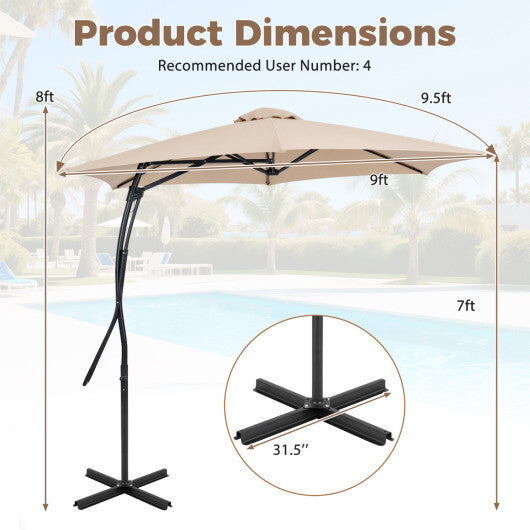 9 FT Cantilever Umbrella with Cross Base Included with Smooth Handle amd Heavy Duty Frame-Brown W2B