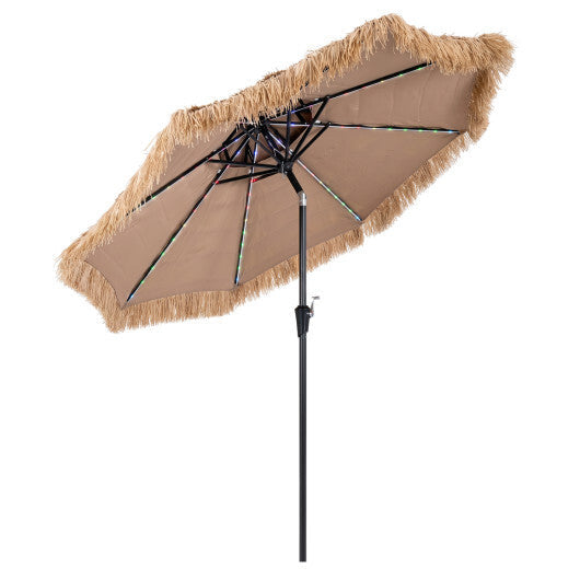 9 FT Solar Thatched Tiki Umbrella with 96 Multi-colored Flowing Lights and 12 Modes-Beige W2B