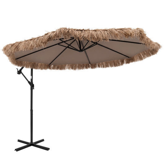 10 FT Solar Thatched Cantilever Umbrella with 12 Modes and Crank Lift-Brown W2B