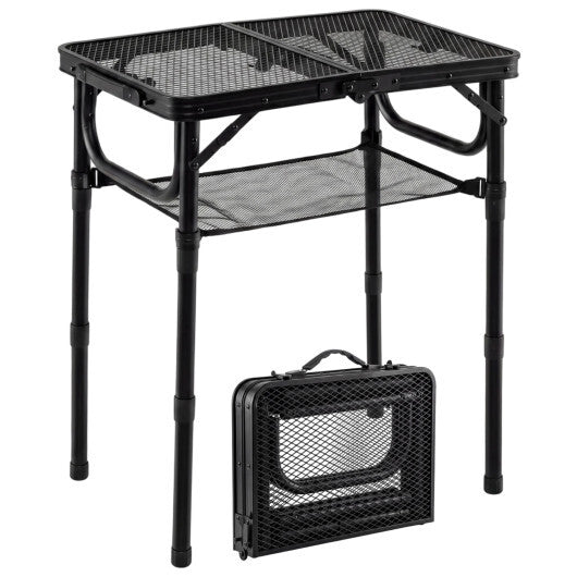 3-Height Folding Picnic Table with Large Storage Net and Handle-Black W2B
