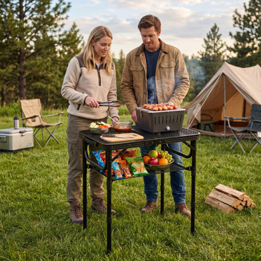 3-Height Folding Picnic Table with Large Storage Net and Handle-Black W2B