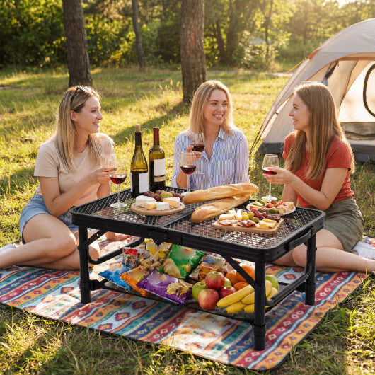 3-Height Folding Picnic Table with Large Storage Net and Handle-Black W2B
