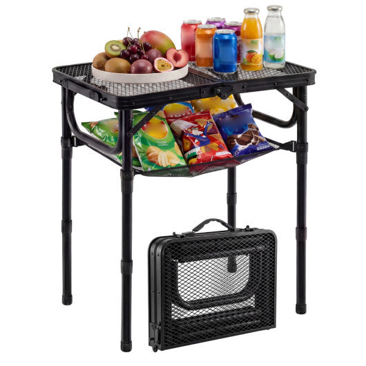 3-Height Folding Picnic Table with Large Storage Net and Handle-Black W2B