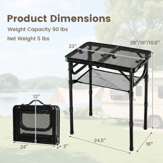 3-Height Folding Picnic Table with Large Storage Net and Handle-Black W2B