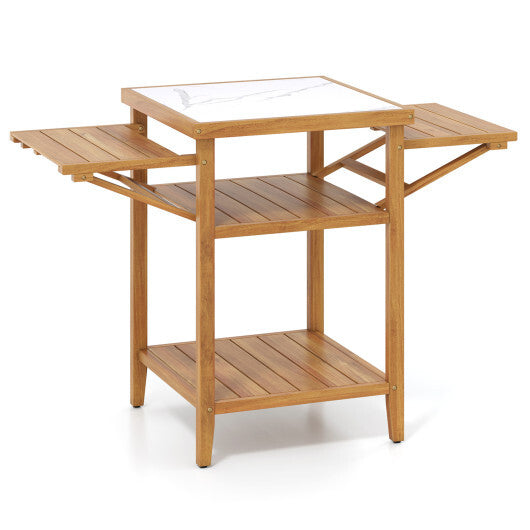 Acacia Wood Outdoor Grill Table with Faux Marble Top and Drop-Leaf Side Panels W2B