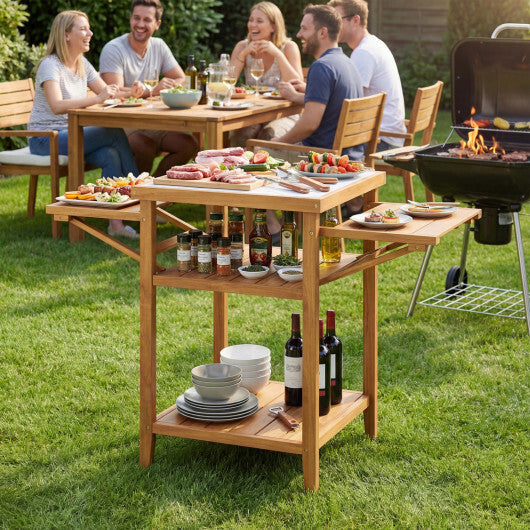 Acacia Wood Outdoor Grill Table with Faux Marble Top and Drop-Leaf Side Panels W2B