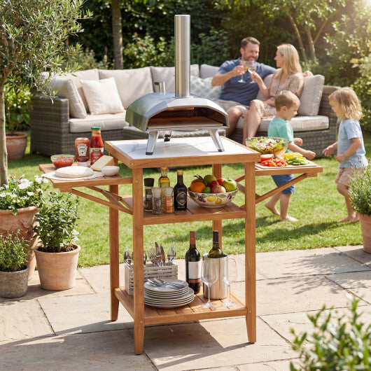 Acacia Wood Outdoor Grill Table with Faux Marble Top and Drop-Leaf Side Panels W2B