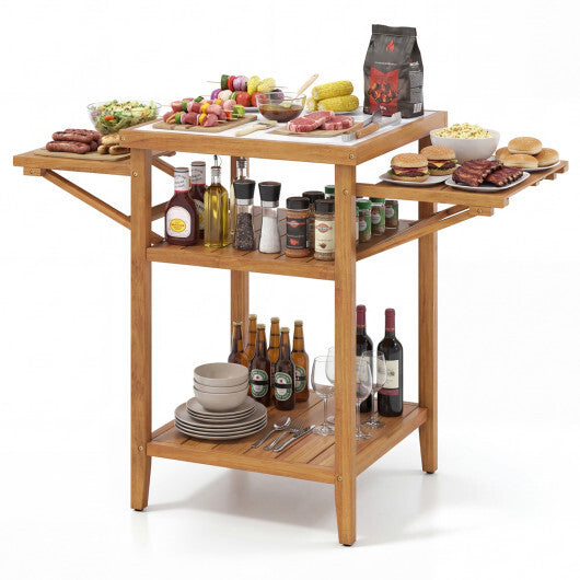 Acacia Wood Outdoor Grill Table with Faux Marble Top and Drop-Leaf Side Panels W2B