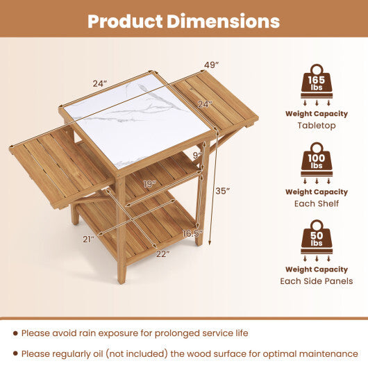 Acacia Wood Outdoor Grill Table with Faux Marble Top and Drop-Leaf Side Panels W2B