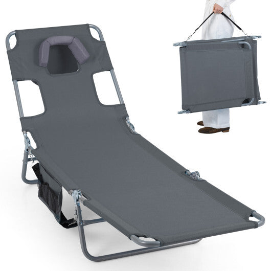 Folding Beach Lounge Chair with Adjustable Backrest for Lawn-Gray W2B