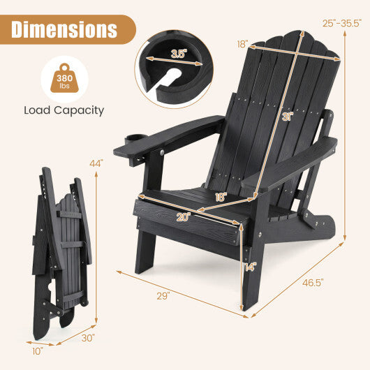 Outdoor Folding Adirondack Chair with Cup Holder and 5-Level Backrest-Black W2B