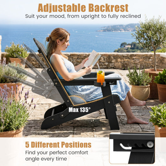 Outdoor Folding Adirondack Chair with Cup Holder and 5-Level Backrest-Black W2B