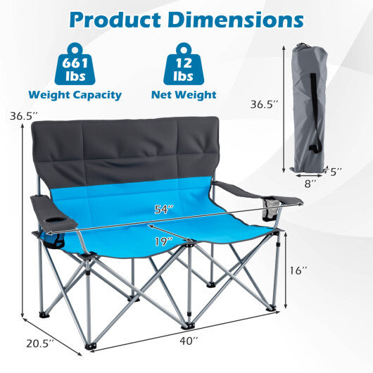 Double Camping Chair with Carry Bag Cup Holders-Blue W2B
