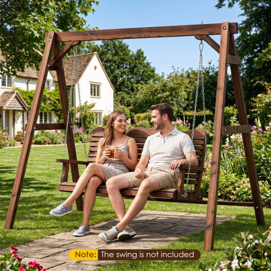 Heavy-Duty Carbonized Fir Wood Swing Frame with Reinforced Bars and 2 Hanging Rings-Brown W2B