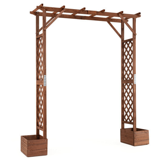 87in Tall Wooden Garden Arbor with Planter Boxes and Hanging Roof for Climbing Plants-Orange W2B