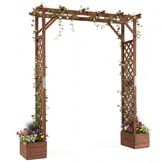 87in Tall Wooden Garden Arbor with Planter Boxes and Hanging Roof for Climbing Plants-Orange W2B