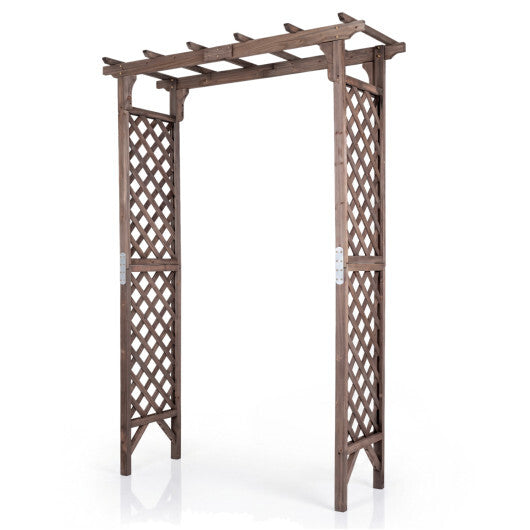 Flat Top Garden Arch with Gate 85" Tall Wood for Climbing Plants and Wedding-Brown W2B