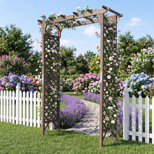 Flat Top Garden Arch with Gate 85" Tall Wood for Climbing Plants and Wedding-Brown W2B