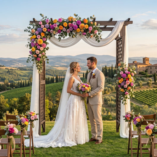 Flat Top Garden Arch with Gate 85" Tall Wood for Climbing Plants and Wedding-Brown W2B