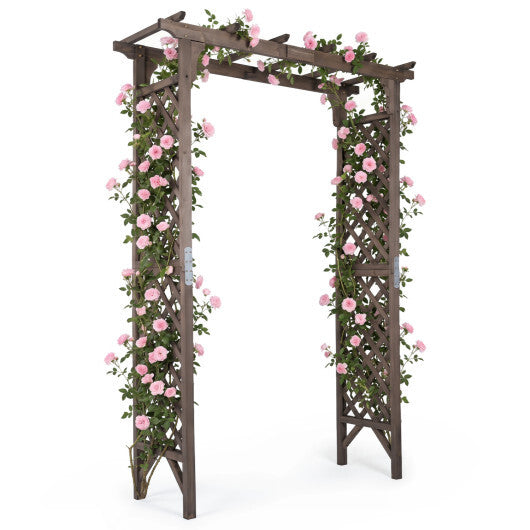 Flat Top Garden Arch with Gate 85" Tall Wood for Climbing Plants and Wedding-Brown W2B