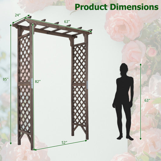 Flat Top Garden Arch with Gate 85" Tall Wood for Climbing Plants and Wedding-Brown W2B