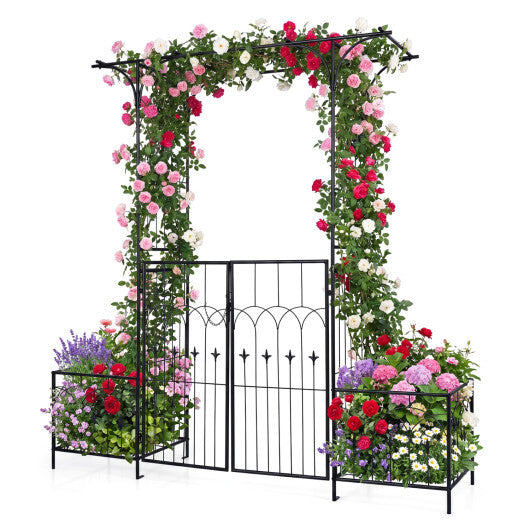 Garden Arbor with Gate and Planter Boxes Heavy Duty Metal Arch with Side Trellis W2B