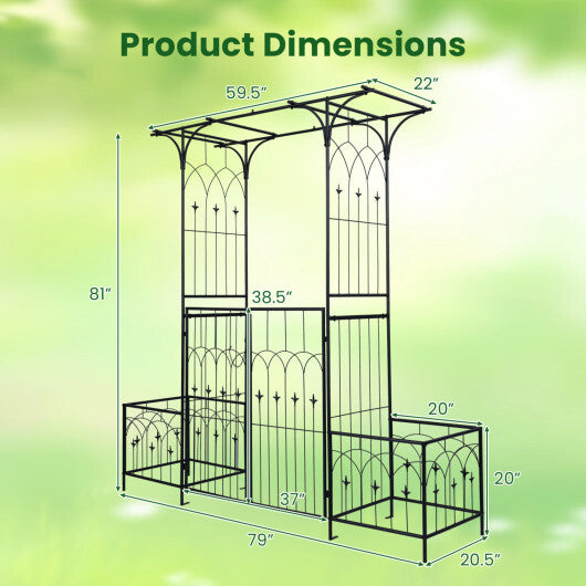 Garden Arbor with Gate and Planter Boxes Heavy Duty Metal Arch with Side Trellis W2B