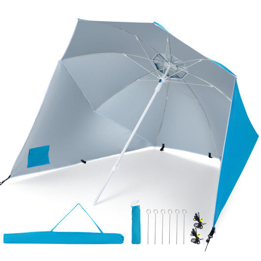 2-in-1 Beach Shelter Umbrella UPF 50+ with Side Panels for Camping Picnic-Turquoise W2B