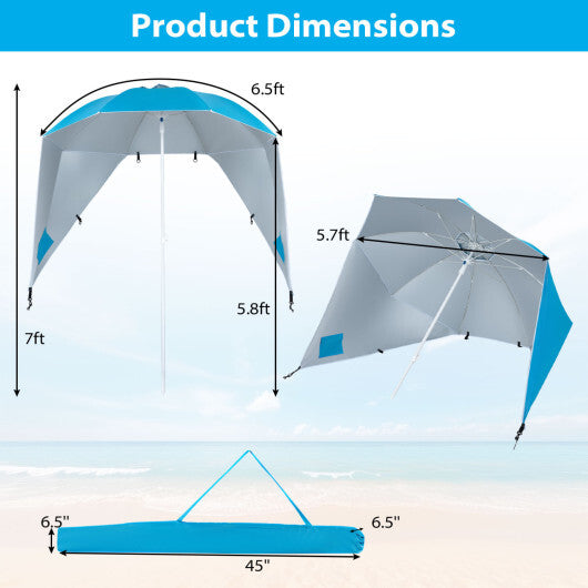 2-in-1 Beach Shelter Umbrella UPF 50+ with Side Panels for Camping Picnic-Turquoise W2B