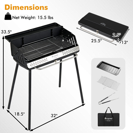 Portable Charcoal Grill with Detachable Legs  Adjustable Grate and Carrying Bag W2B
