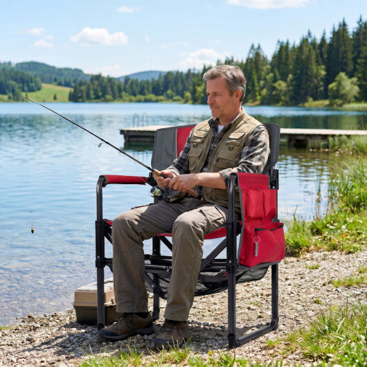 Heavy Duty Outdoor Camping Chair with Cup Holder and Side Pocket-Red W2B