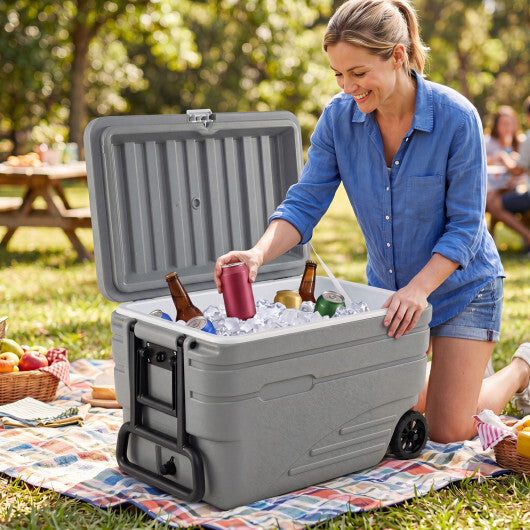 103 Quart Outdoor Portable Wheeled Ice Cooler with Foldable Pull and Carry Handles-Gray W2B