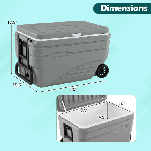103 Quart Outdoor Portable Wheeled Ice Cooler with Foldable Pull and Carry Handles-Gray W2B