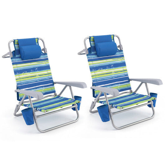 2 Pack Portable Folding Beach Chair with 7-Position Backrest-Blue W2B