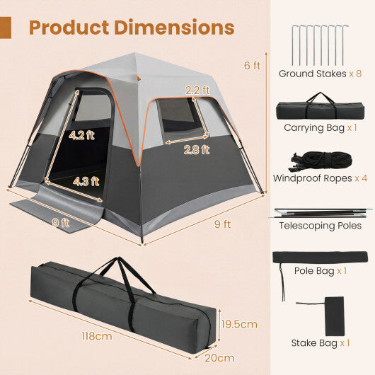 6-Person Outdoor Camping Tent Blackout Easy Setup Instant Cabin Tent with Rainfly and Carrying Bag-Grey W2B